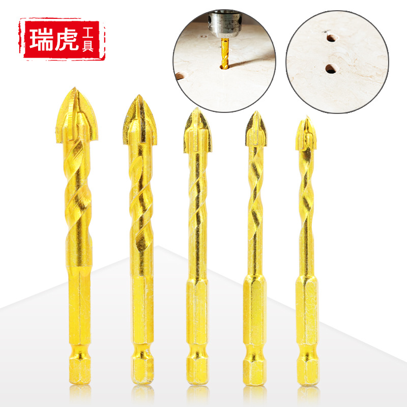 六角柄十字合金三角钻头 玻璃瓷砖陶瓷开孔器螺纹麻花镀铜扩孔器