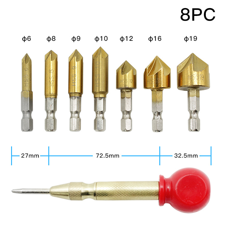 镀钛六角柄五刃倒角器沉头钻头倒角刀锪钻木工开孔六件套6mm-19mm